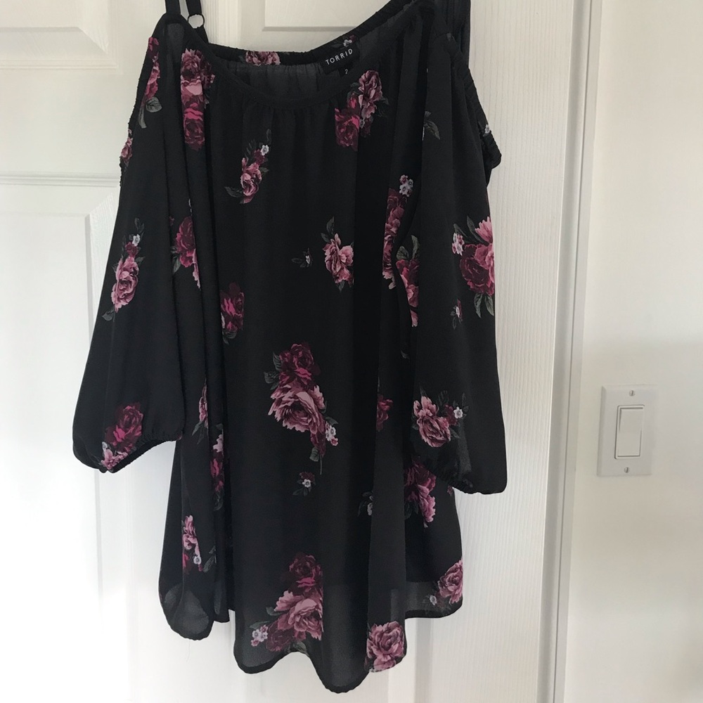 Torrid off shoulder rose detail black chiffon shirt